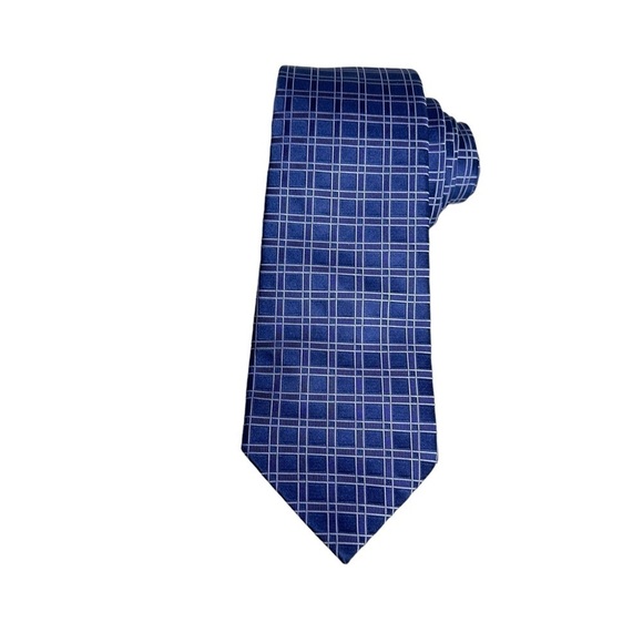 Valentino Mens 100% Silk Tie Repp Grid Pattern Blue White Necktie Luxury Italy